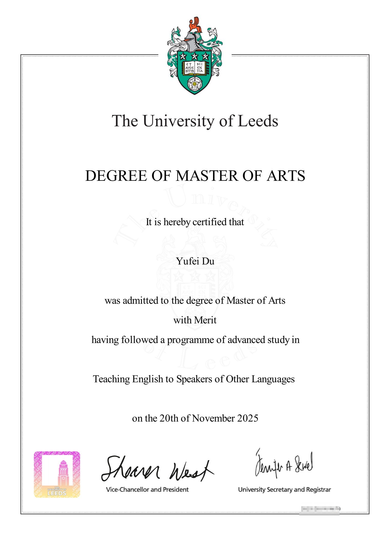 利兹大学 MA TESOL 学位证